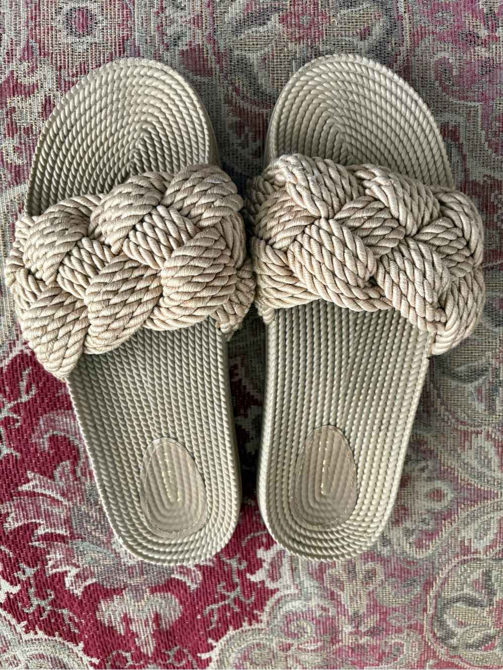 Braided Rope Slide Sandals in Beige